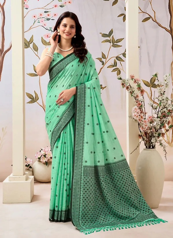 Dark_Green_Linen_Contrast_Border_Saree_With_Blouse_Piece_For_Women