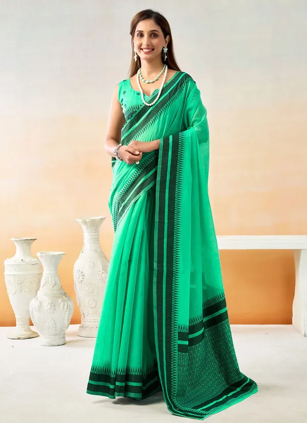Green_Chanderi_Temple_Border_Saree_With_Blouse_Piece_For_Women