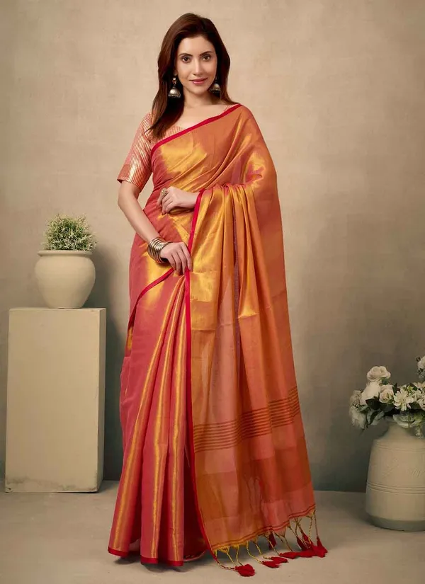 Orange_Silk_Golden_Border_And_Tassels_Saree_With_Blouse_Piece_For_Women
