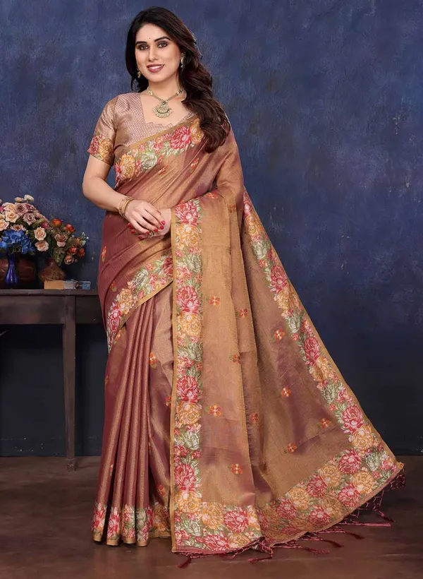 Brown_Silk_Embroidered_Floral_Saree_With_Blouse_Piece_For_Women