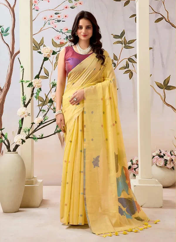 Yellow_Linen_Floral_Motifs_And_Contrast_Blouse_Saree_With_Blouse_Piece_For_Women