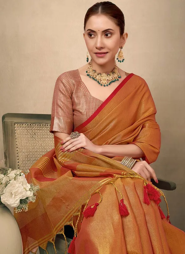 Orange_Silk_Golden_Border_And_Tassels_Saree_With_Blouse_Piece_For_Women