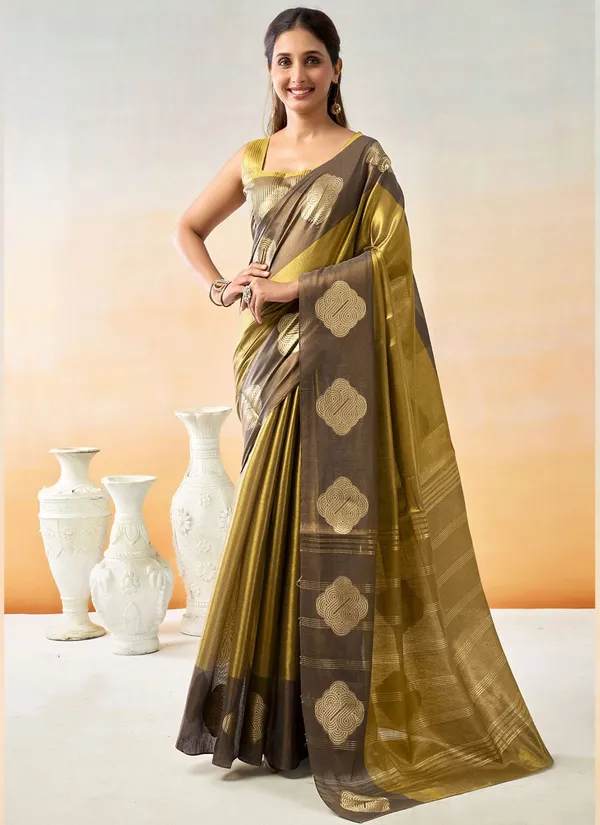 Olive_Green_Banarasi_Silk_Golden_Zari_Butta_Border_Saree_With_Blouse_Piece_For_Women