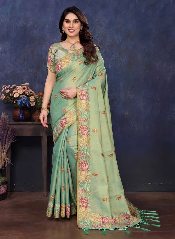 Green_Silk_Embroidered_Floral_Saree_With_Blouse_Piece_For_Women