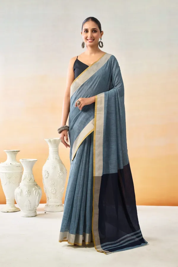 Grey_Cotton_Silk_Contrast_Border_Saree_With_Blouse_Piece_For_Women