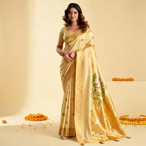 Creamish_Banarasi_Silk_Zari_Border_And_Woven_Motifs_Saree_With_Blouse_Piece_For_Women