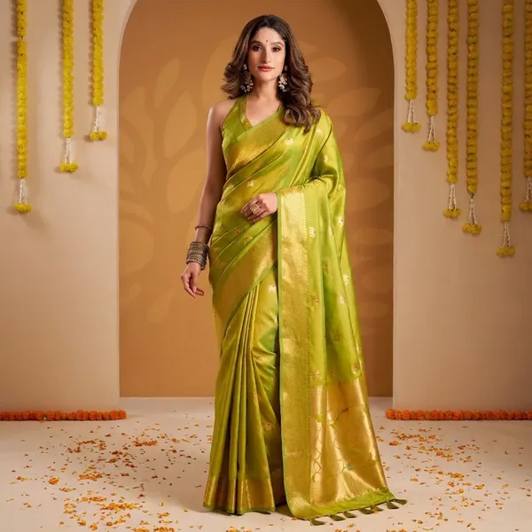 Green_Banarasi_Silk_Zari_Border_And_Woven_Motifs_Saree_With_Blouse_Piece_For_Women