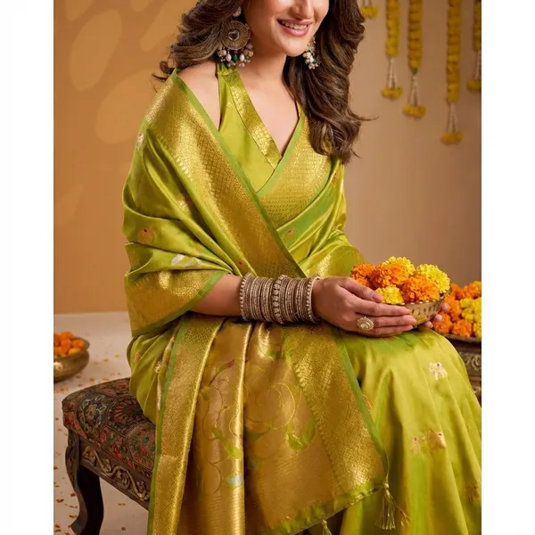 Green_Banarasi_Silk_Zari_Border_And_Woven_Motifs_Saree_With_Blouse_Piece_For_Women