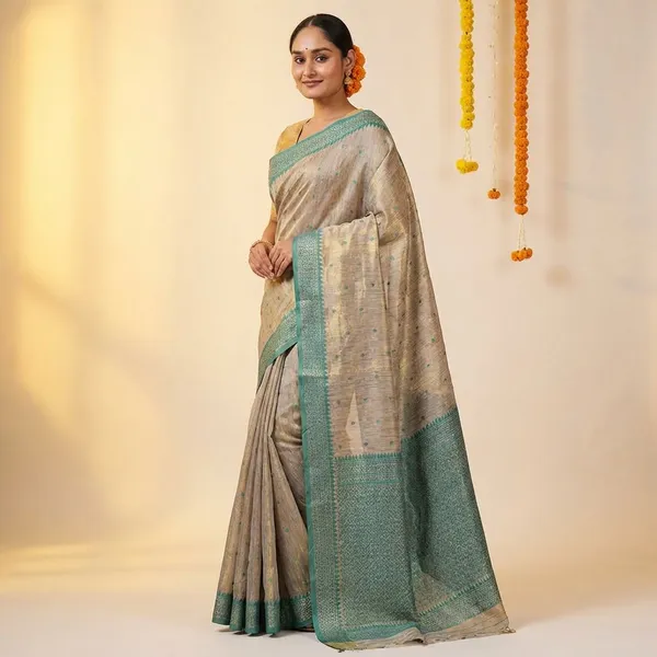 Sea_Blue_Silk_Woven_Border_And_Pallu_Saree_With_Blouse_Piece_For_Women