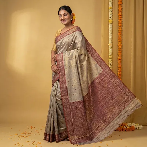 Brown_Silk_Woven_Border_And_Pallu_Saree_With_Blouse_Piece_For_Women
