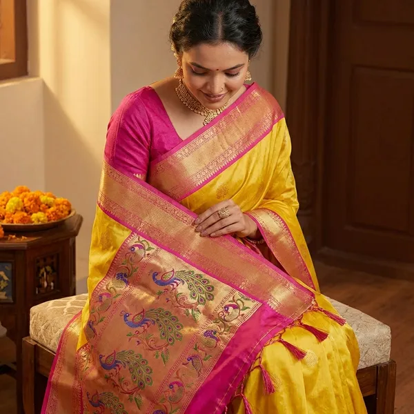 Golden_Silk_Paithani_Border_And_Woven_Peacock_Motifs_Saree_With_Blouse_Piece_For_Women