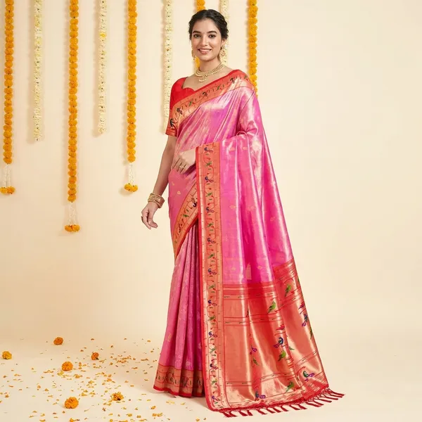 Pink_Silk_Paithani_Border_And_Woven_Peacock_Motifs_Saree_With_Blouse_Piece_For_Women