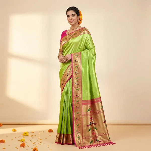 Parrot_Green_Silk_Paithani_Border_And_Woven_Peacock_Motifs_Saree_With_Blouse_Piece_For_Women