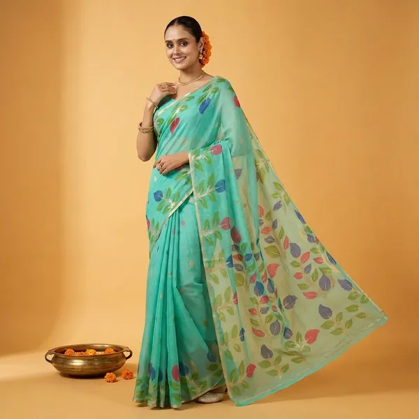 Green_Chiffon_Floral_Print_Saree_With_Blouse_Piece_For_Women