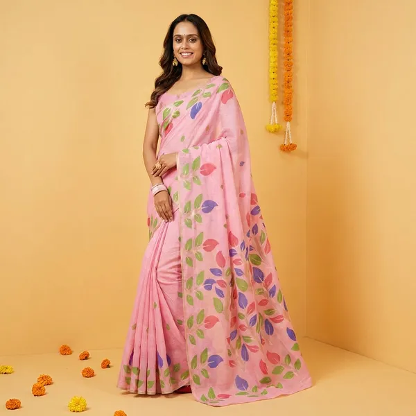 Pink_Chiffon_Floral_Print_Saree_With_Blouse_Piece_For_Women