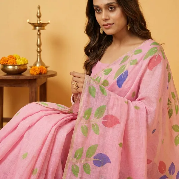 Pink_Chiffon_Floral_Print_Saree_With_Blouse_Piece_For_Women