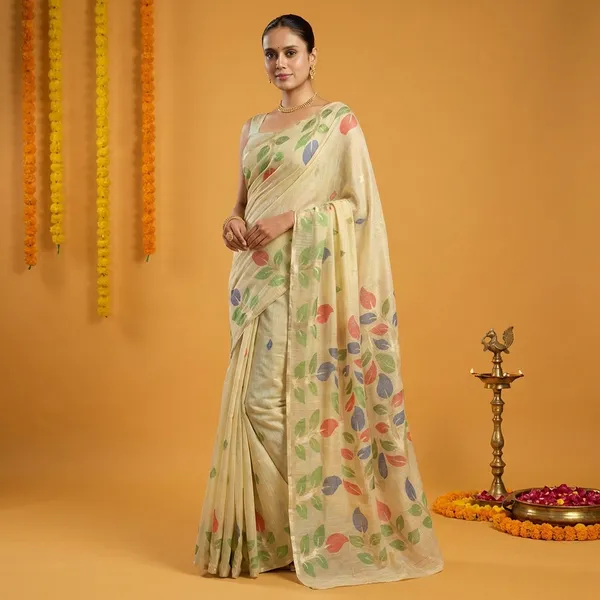 Yellow_Chiffon_Floral_Print_Saree_With_Blouse_Piece_For_Women