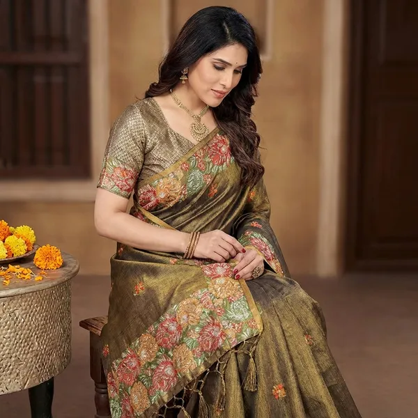 Mehndi_Green_Silk_Embroidered_Floral_Saree_With_Blouse_Piece_For_Women