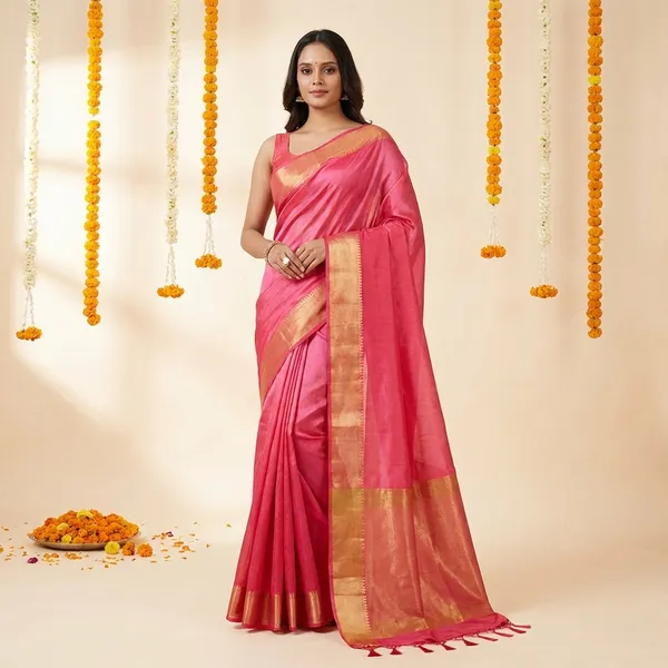 Dark_Pink_Silk_Blouse_Piece_Saree_With_Blouse_Piece_For_Women