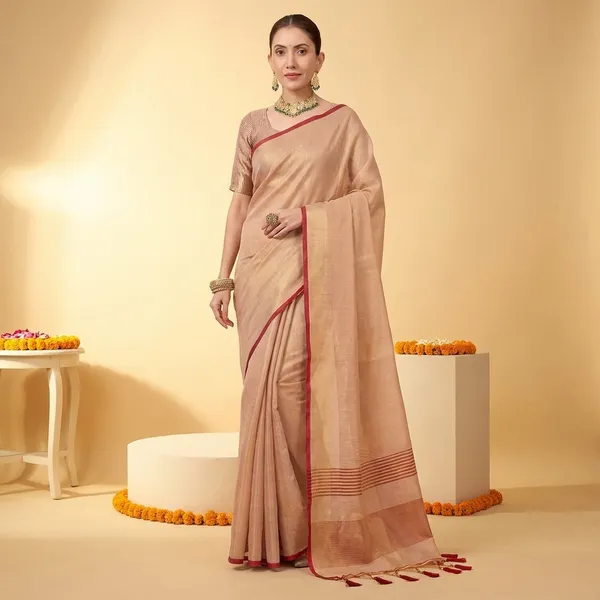 Peach_Silk_Golden_Border_And_Tassels_Saree_With_Blouse_Piece_For_Women