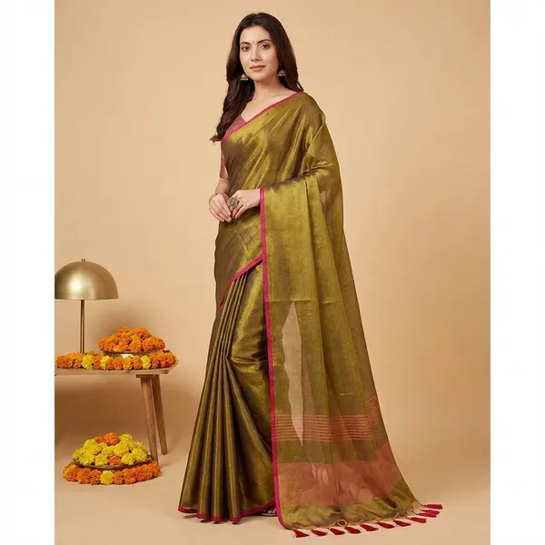 Brown_Silk_Golden_Border_And_Tassels_Saree_With_Blouse_Piece_For_Women