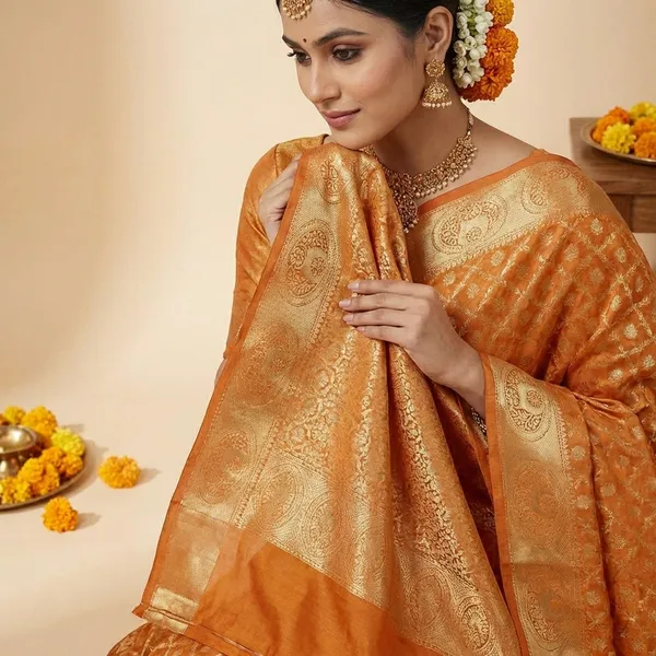 Orange_Banarasi_Silk_Intricate_Weaving_And_Zari_Work_Saree_With_Blouse_Piece_For_Women