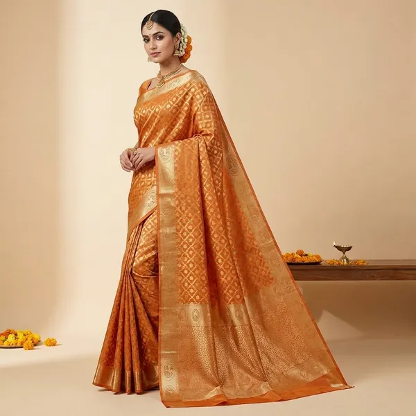 Orange_Banarasi_Silk_Intricate_Weaving_And_Zari_Work_Saree_With_Blouse_Piece_For_Women