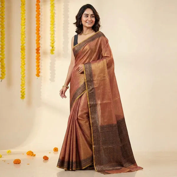 Brown_Linen_Woven_Border_Saree_With_Blouse_Piece_For_Women