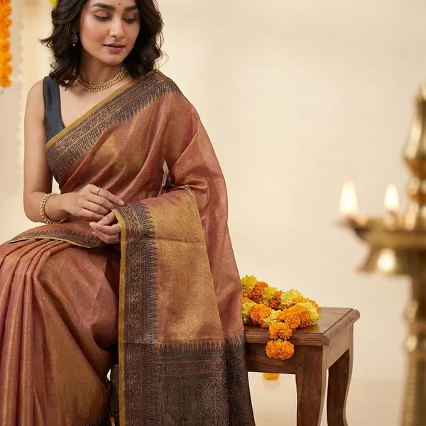 Brown_Linen_Woven_Border_Saree_With_Blouse_Piece_For_Women