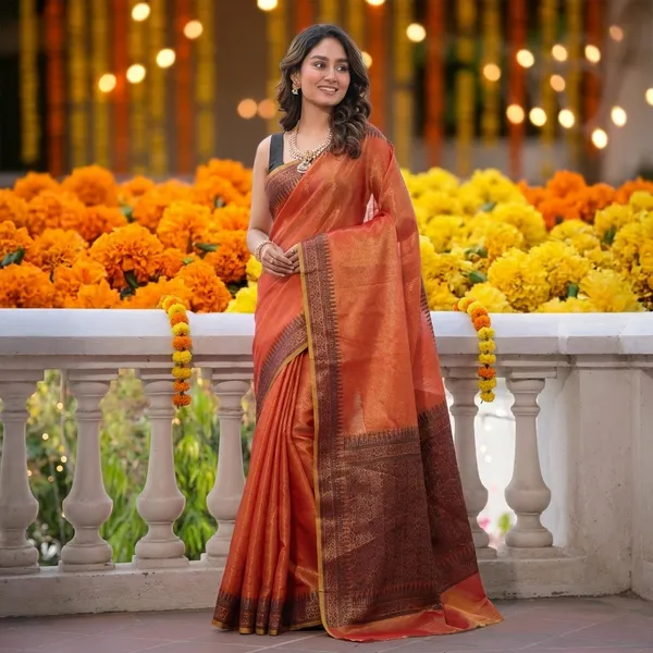 Orange_Linen_Tissue_Woven_Border_Saree_With_Blouse_Piece_For_Women