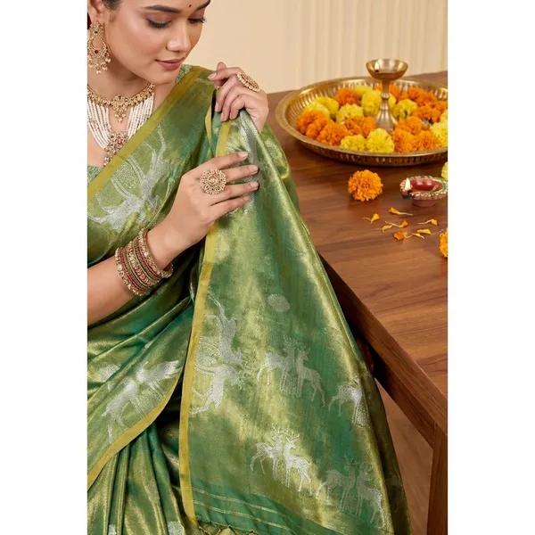 Moss_Green_Banarasi_Silk_Saree_With_Blouse_Piece_For_Women