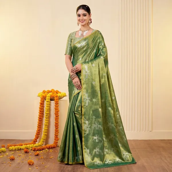 Moss_Green_Banarasi_Silk_Saree_With_Blouse_Piece_For_Women