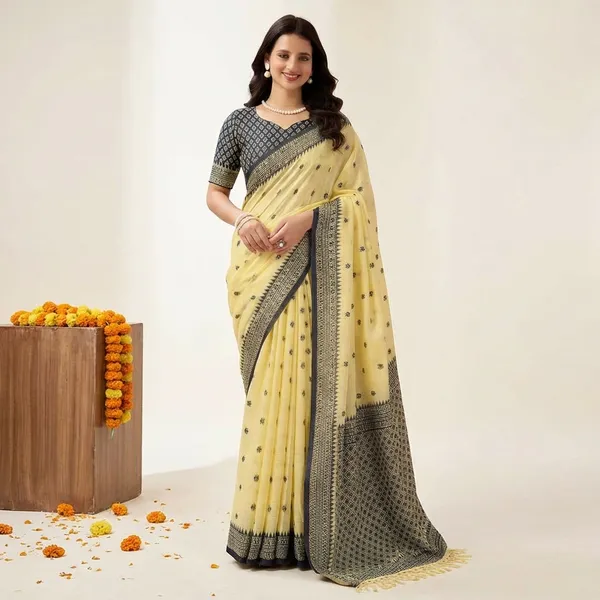 Yellow_Linen_Contrast_Border_Saree_With_Blouse_Piece_For_Women