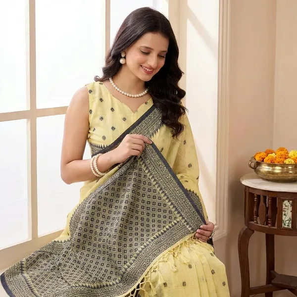 Yellow_Linen_Contrast_Border_Saree_With_Blouse_Piece_For_Women
