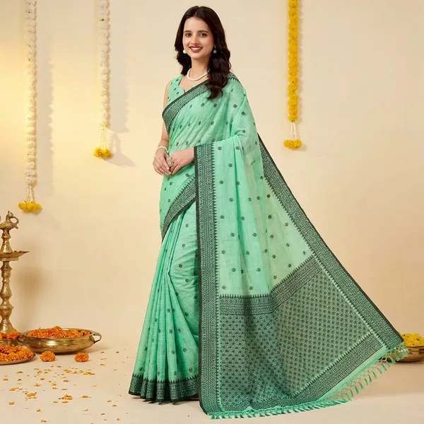 Dark_Green_Linen_Contrast_Border_Saree_With_Blouse_Piece_For_Women