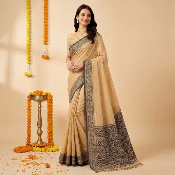 Orange_Linen_Printed_Border_Saree_With_Blouse_Piece_For_Women