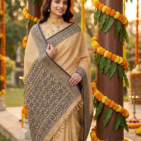 Orange_Linen_Printed_Border_Saree_With_Blouse_Piece_For_Women