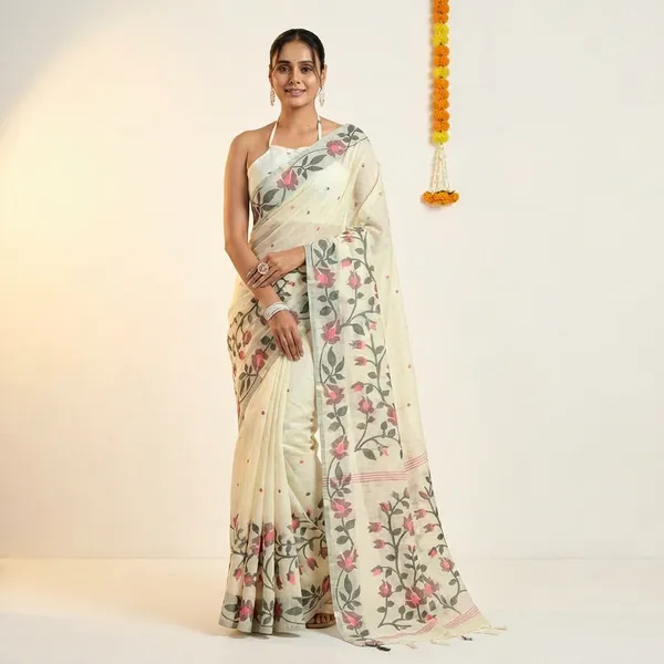 Off_White_Banarasi_Silk_Floral_Printed_Saree_With_Blouse_Piece_For_Women