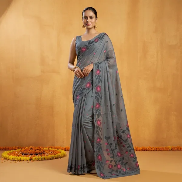 Grey_Banarasi_Silk_Floral_Printed_Saree_With_Blouse_Piece_For_Women