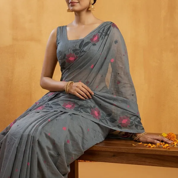 Grey_Banarasi_Silk_Floral_Printed_Saree_With_Blouse_Piece_For_Women
