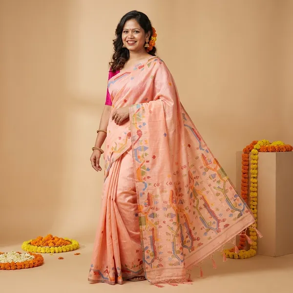 Peach_Linen_Embroidered_Floral_Motifs_And_Tasseled_Pallu_Saree_With_Blouse_Piece_For_Women