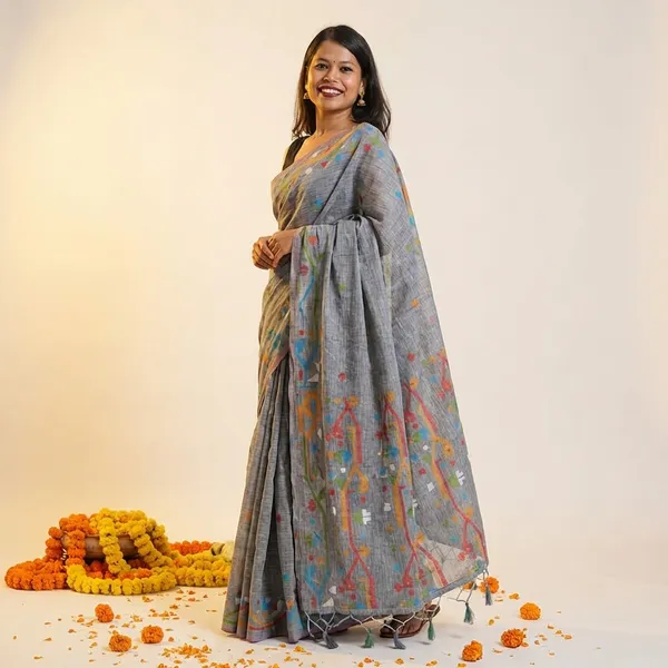 Grey_Linen_Embroidered_Floral_Motifs_And_Tasseled_Pallu_Saree_With_Blouse_Piece_For_Women