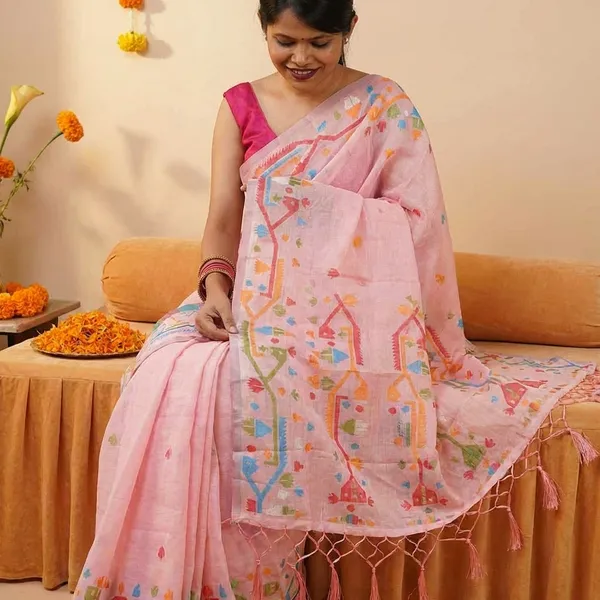Pink_Linen_Embroidered_Floral_Motifs_And_Tasseled_Pallu_Saree_With_Blouse_Piece_For_Women