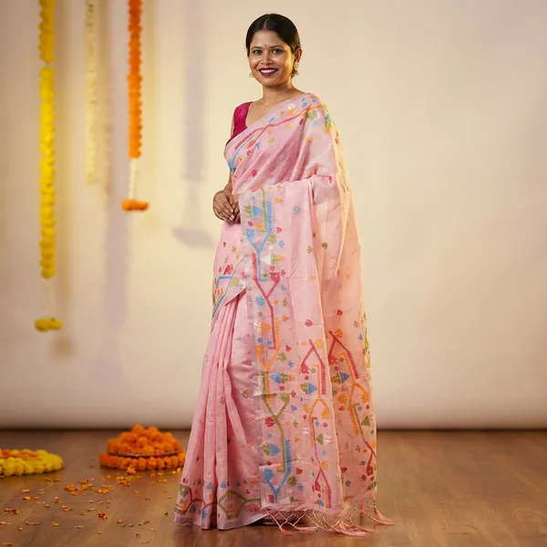 Pink_Linen_Embroidered_Floral_Motifs_And_Tasseled_Pallu_Saree_With_Blouse_Piece_For_Women