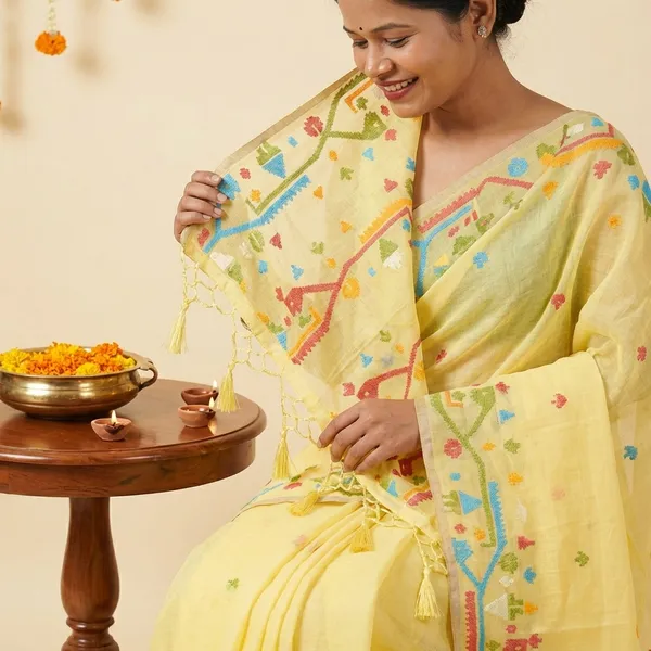Yellow_Linen_Embroidered_Floral_Motifs_And_Tasseled_Pallu_Saree_With_Blouse_Piece_For_Women