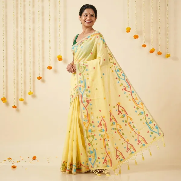 Yellow_Linen_Embroidered_Floral_Motifs_And_Tasseled_Pallu_Saree_With_Blouse_Piece_For_Women