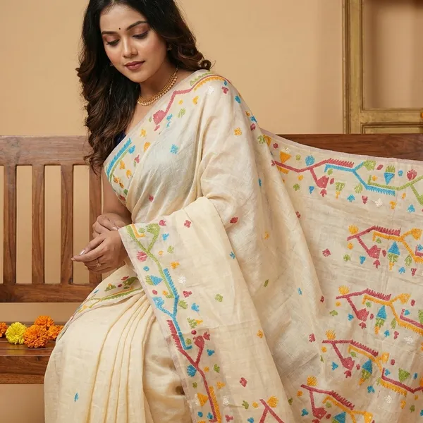 White_Linen_Embroidered_Floral_Motifs_And_Tasseled_Pallu_Saree_With_Blouse_Piece_For_Women