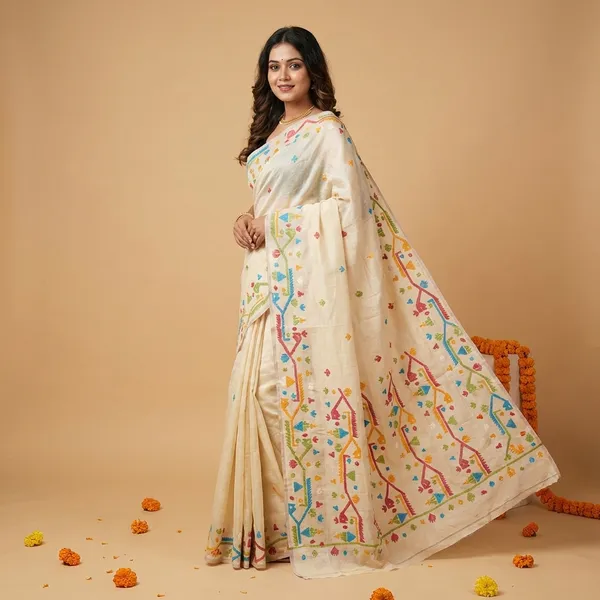 White_Linen_Embroidered_Floral_Motifs_And_Tasseled_Pallu_Saree_With_Blouse_Piece_For_Women