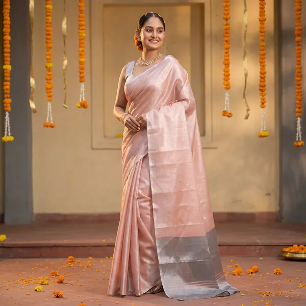 Peach_&_Grey_Pure_Silk_Contrast_Border_Saree_With_Blouse_Piece_For_Women