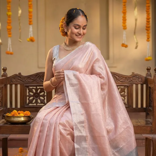 Peach_&_Grey_Pure_Silk_Contrast_Border_Saree_With_Blouse_Piece_For_Women